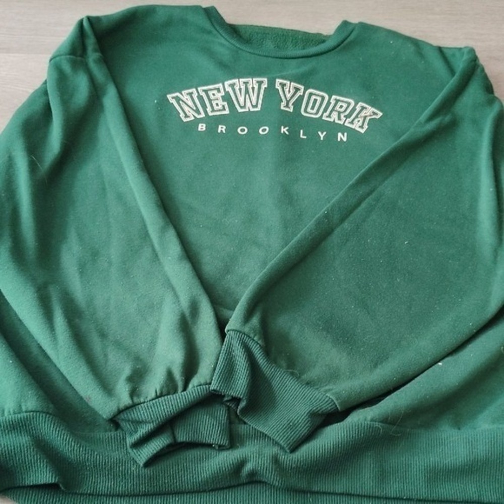 Green New York Brooklyn Embroidered Crewneck Sweatshirt Oversized Pullover